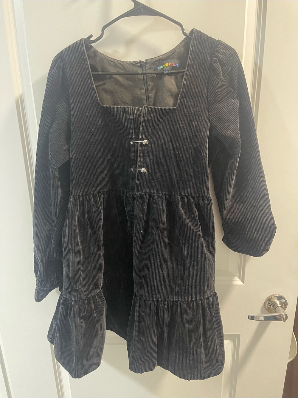 Teddy Fresh Black Corduroy Tiered Mini Dress with Square Neck